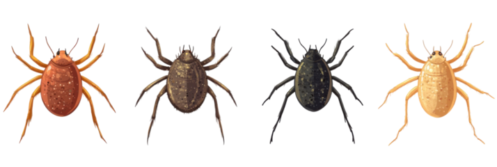 Colorful tick variations: brown, gray, black, beige arachnids with detailed anatomy png