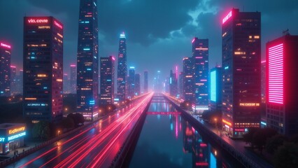 Fototapeta premium A bustling virtual marketplace filled with neon-lit skyscrapers and futuristic architecture.