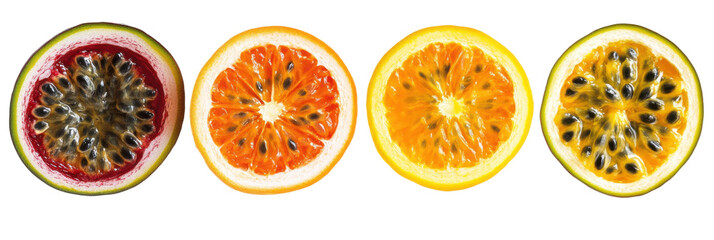 Colorful slices of passion fruit and citrus fruit displayed in a line png