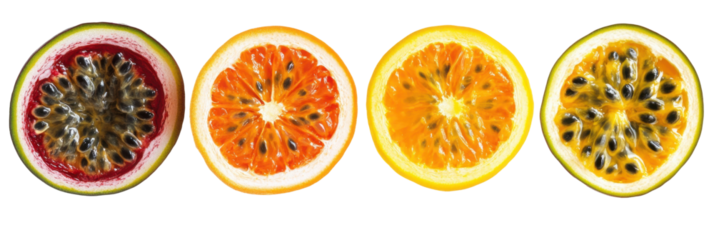 Colorful slices of passion fruit and citrus fruit displayed in a line png