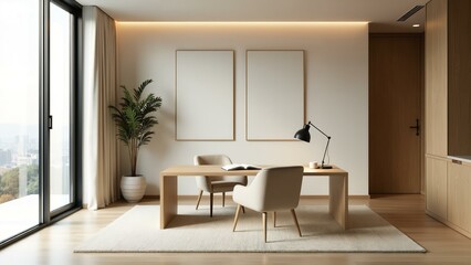 A serene living space featuring a minimalist desk, plants, and subtle color palette.