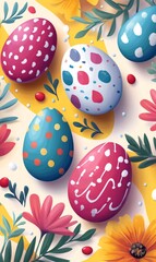 Fototapeta premium Easter eggs decorated with various patterns are lying on a table with spring flowers and leaves, celebrating the festive season