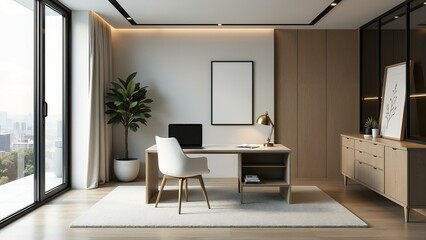 Fototapeta premium A spacious living area with a desk, sofa, and plants, featuring soft neutral colors and high contrast monochrome lighting.