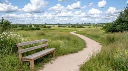 Obraz premium Park bench path summer meadow landscape, relaxation