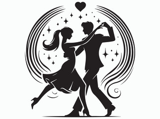 Couple Dancing with Floral Decorate Silhouette Vector Art