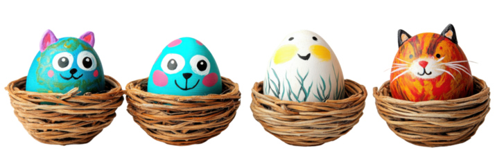 Colorful painted easter eggs in nests with cute animal designs png