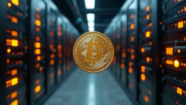 A gold Bitcoin coin suspended above rows of computer servers in a modern data center.