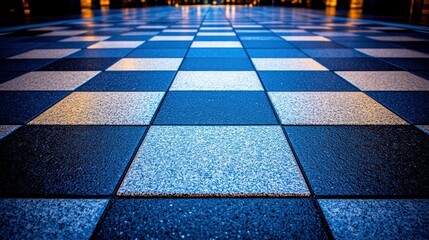 Checkered pavement floor, urban plaza, perspective, diffused light