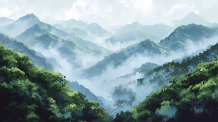 In tianmen shan national park, misty mountain vistas enchant with tranquil beauty, featuring rolling hills cloaked in. Lush Wilderness. Illustration