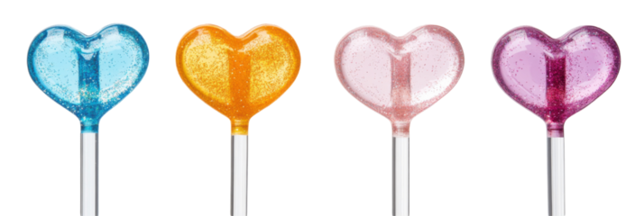 Colorful heart-shaped lollipops: blue, orange, pink, and purple glitter candy pops png