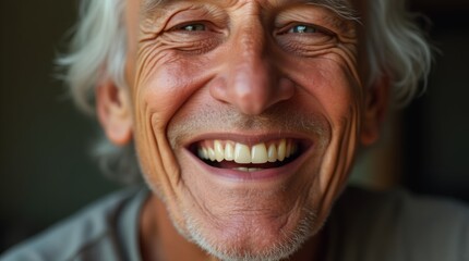 A close-up portrait of an elderly man with a warm smile, showcasing his golden teeth