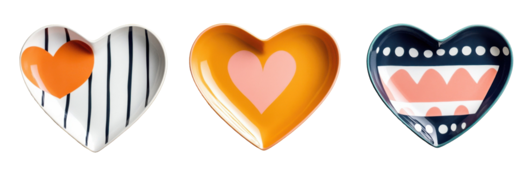 Colorful heart-shaped plates with unique geometric patterns and vibrant designs png