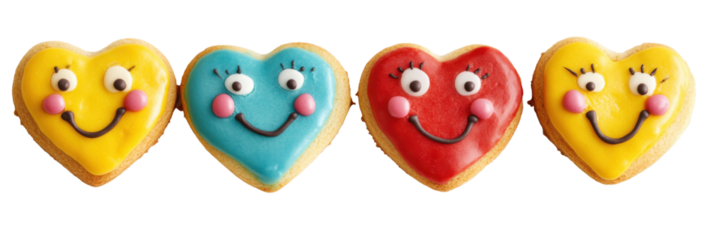 Colorful heart-shaped cookies with smiley faces in yellow, blue, and red icing png