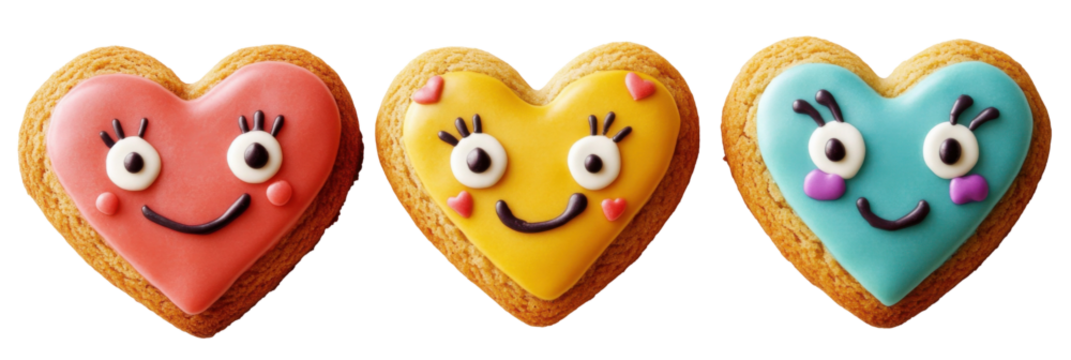 Colorful heart-shaped cookies with smiling faces in pink, yellow, and blue icing png