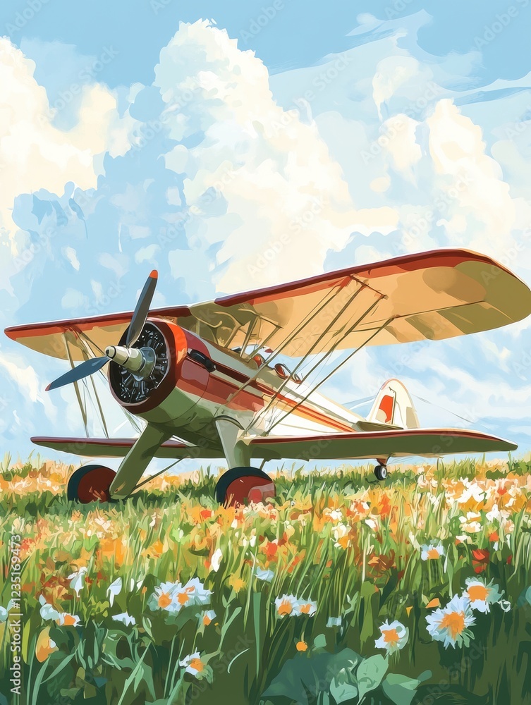 Poster vintage biplane resting on a grassy field filled with colorful flowers under a bright sunny sky. gen
