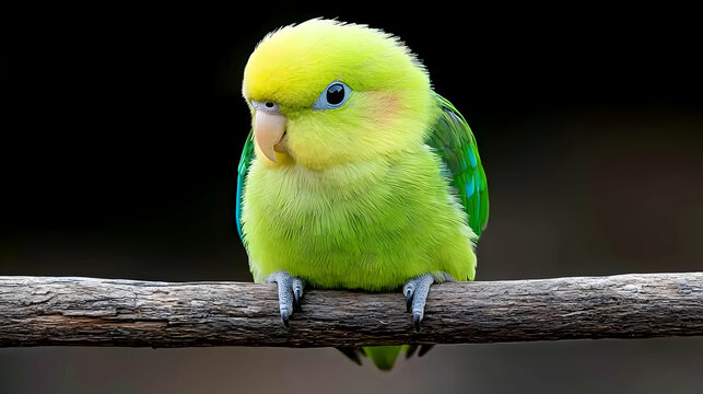Small green and yellow parrotlet perched on a wooden branch against a dark blurred background.