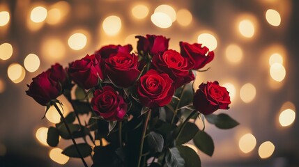 Romantic Red Roses Bouquet with Golden Lights Background