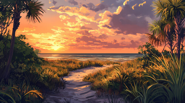 Serene amelia island florida coastal landscape with golden sand beaches and lush greenery at sunset. Lush Wilderness. Illustration