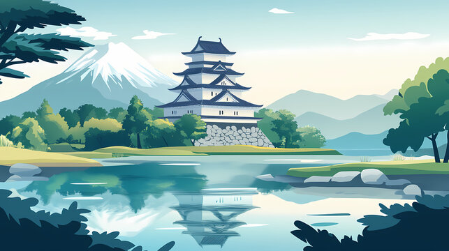 Serene japanese castle by tranquil lake with mountainous backdrop and lush greenery. Lush Wilderness. Illustration