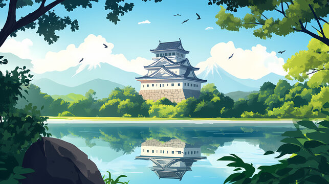 Serene japanese castle by tranquil lake with mountainous backdrop and lush greenery. Lush Wilderness. Illustration