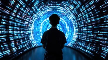 Silhouette of ai engineer standing in front of tunnel of binary code displaying digital concept
