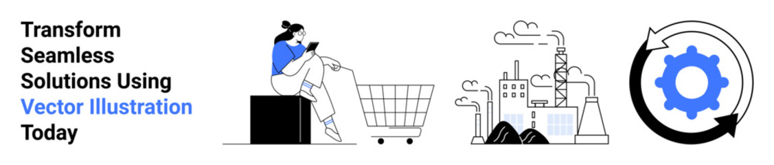 Woman sitting with a shopping cart, industrial factory emitting clouds, and a gear in a recycling arrow symbol cycle. Ideal for automation, e-commerce, industrial processes, logistics, technology