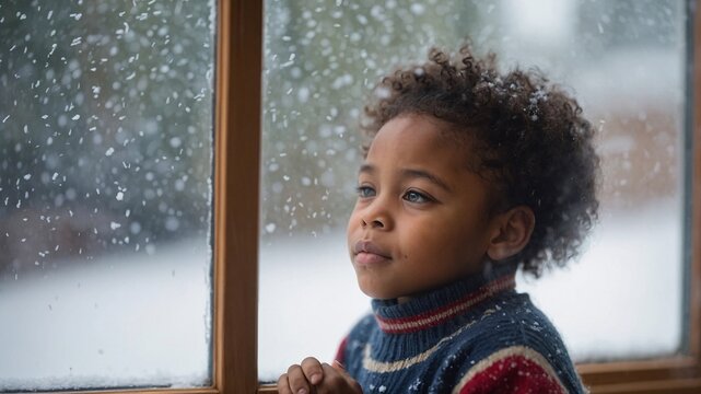 Captivating winter wonder as a young child gazes through frosty window, dreaming of snowflakes and playful adventures in a cozy, warm home