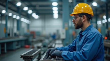Factory worker in a modern manufacturing facility operating machinery, dressed in protective gear with a focused expression, industrial setting with clean, bright lighting.