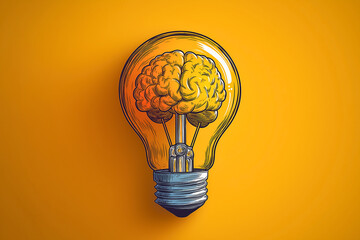 Light bulb with yellow brain inside on a white background
