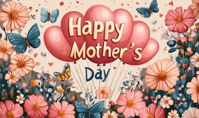 Heart-shaped balloons carrying a happy mother's day message float above a vibrant field of flowers, accompanied by colorful butterflies, creating a cheerful mother's day greeting