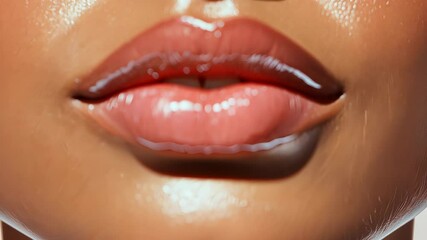 Perfect nude lipstick on beautiful full lips of a young woman with flawless skin beauty, showcasing beauty and cosmetics makeup video 4k