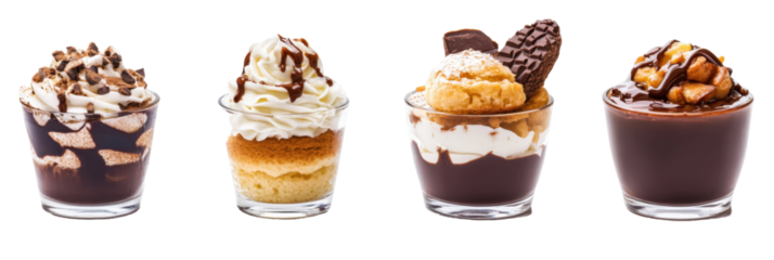Assorted gourmet desserts in glasses with chocolate toppings and creamy layers png