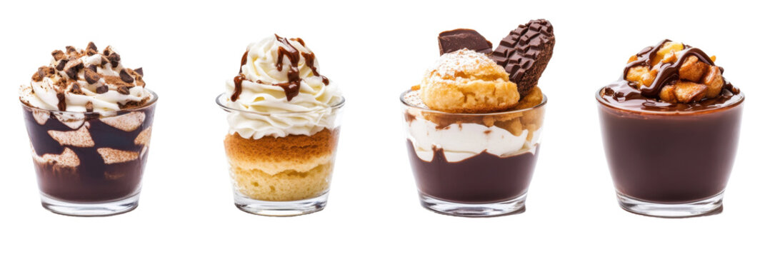 Assorted gourmet desserts in glasses with chocolate toppings and creamy layers png