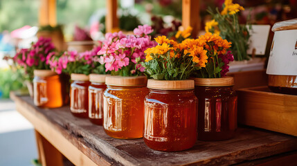 Enchanting and Vibrant Honey Jars Overflowing with Colorful Flowers at a Bustling Farmers Market