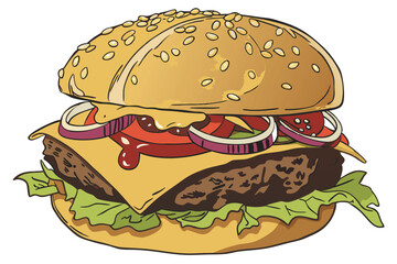 Photorealistic cheeseburger, sesame seed bun, juicy beef patty, melted cheese, fresh lettuce, ripe tomatoes, pickles, onions, ketchup, mustard, high-resolution, studio lighting, food photography, mout