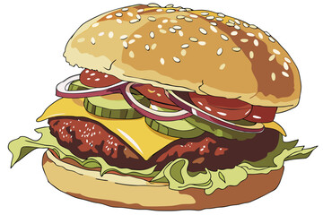 Photorealistic cheeseburger, sesame seed bun, juicy beef patty, melted cheese, fresh lettuce, ripe tomatoes, pickles, onions, ketchup, mustard, high-resolution, studio lighting, food photography, mout