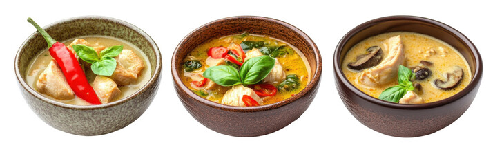 Assorted chicken curry dishes with peppers, basil, spinach, and mushrooms in bowls png