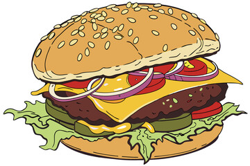 Photorealistic cheeseburger, sesame seed bun, juicy beef patty, melted cheese, fresh lettuce, ripe tomatoes, pickles, onions, ketchup, mustard, high-resolution, studio lighting, food photography, mout