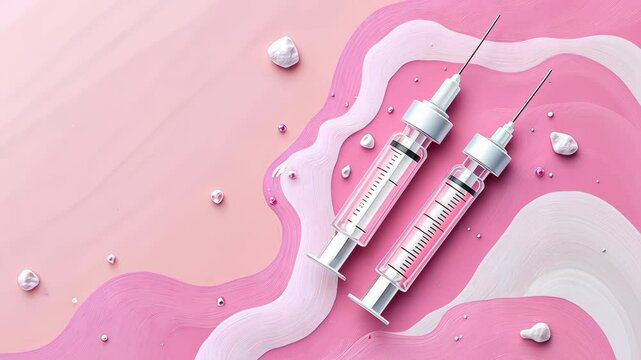 Creative arrangement of medical syringes on a pink abstract background showcasing health and wellness