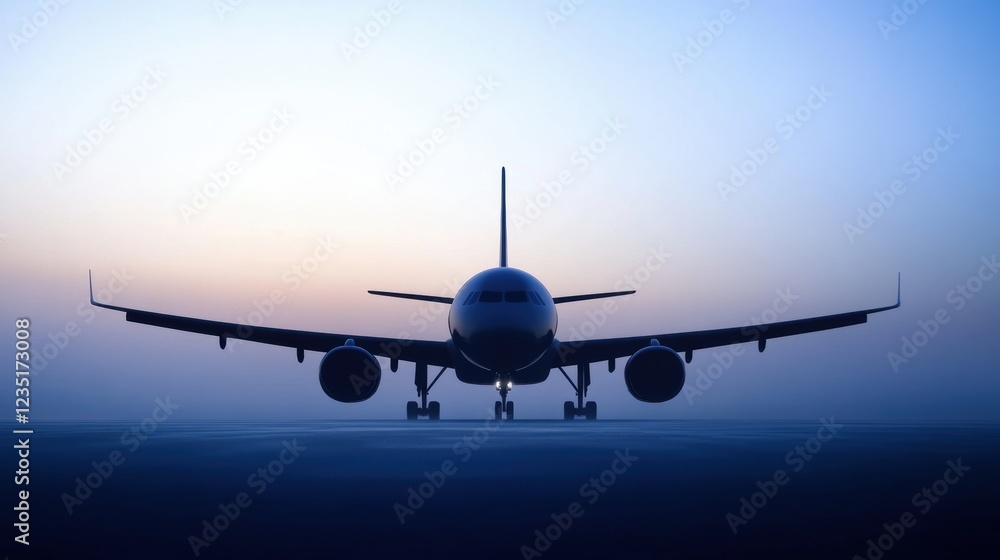 Poster Silhouette of a sleek airplane during twilight against a serene sky in a calm atmosphere. Generative AI