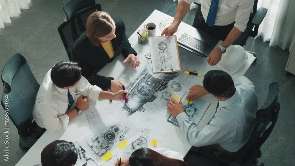 Poster group of diverse team planning strategy while sitting at table with project plan. top aerial view of