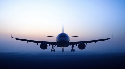 Fototapeta premium Silhouette of a sleek airplane during twilight against a serene sky in a calm atmosphere. Generative AI