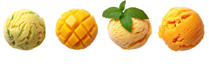 Variety of mango and citrus ice cream scoops with fresh toppings on transparent background png