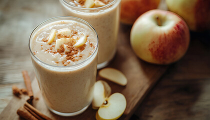 pple pie protein smoothie drink with almond milk. Homemade apple smoothie with apple pie spices (cinnamon) on wooden background, copy space