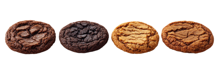 Variety of four cookies: chocolate, double chocolate, ginger, pumpkin spice on transparent background png