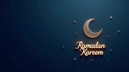 Naklejka premium Dark sapphire Ramadan Kareem art with embossed gold crescent and luminous typography,Modern mystical Ramadan Kareem design with deep sapphire gradient and luminous accents, Islamic Arabic style back,