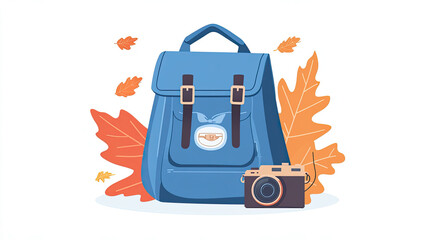Travel Backpack with Vintage Cameras and Autumn Leaves on a White Background