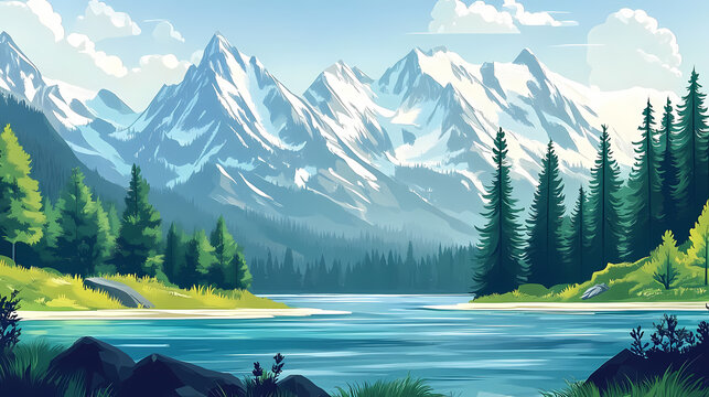 A serene mountain lake with clear blue water, snow-capped mountains in the background, and lush green forests on the shores. Lush Wilderness. Illustration