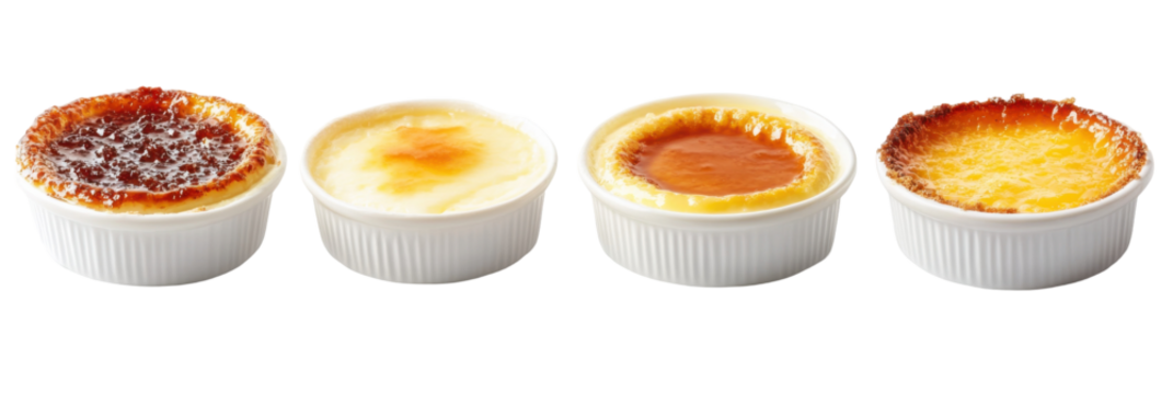 Variety of creme brulee desserts in ramekins displayed in a row on a transparent background png