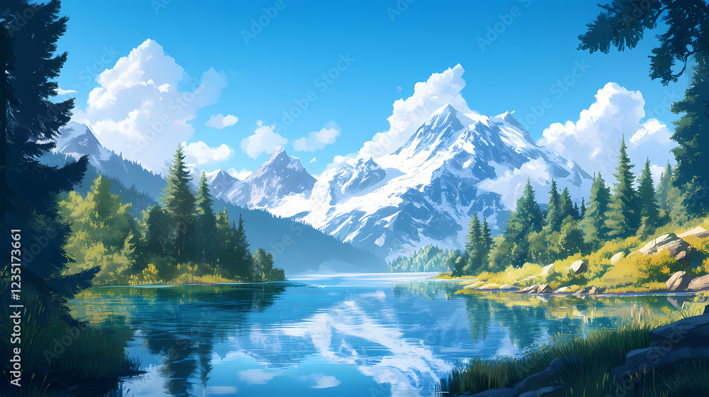 Wall mural A tranquil lake with crystal-clear water reflects the majestic snow-capped mountain range and lush pine forest under a bright blue sky. Lush Wilderness. Illustration